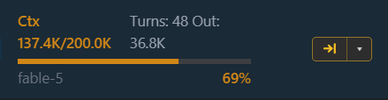 An agent context bar showing 137.4K of 200K tokens used, 69 percent, beside the handoff control.