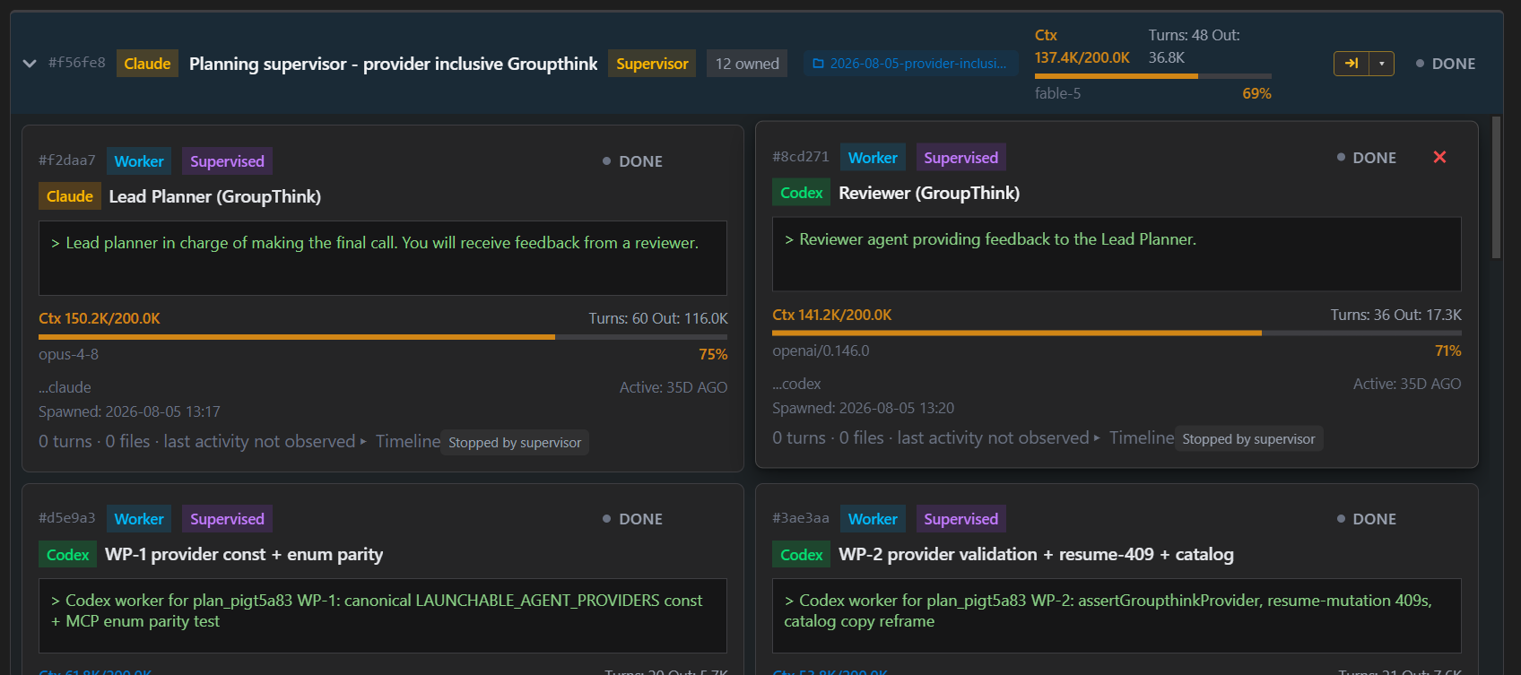 A Claude planning supervisor expanded to show a Claude lead planner, a Codex reviewer, and Codex implementation workers beneath it.