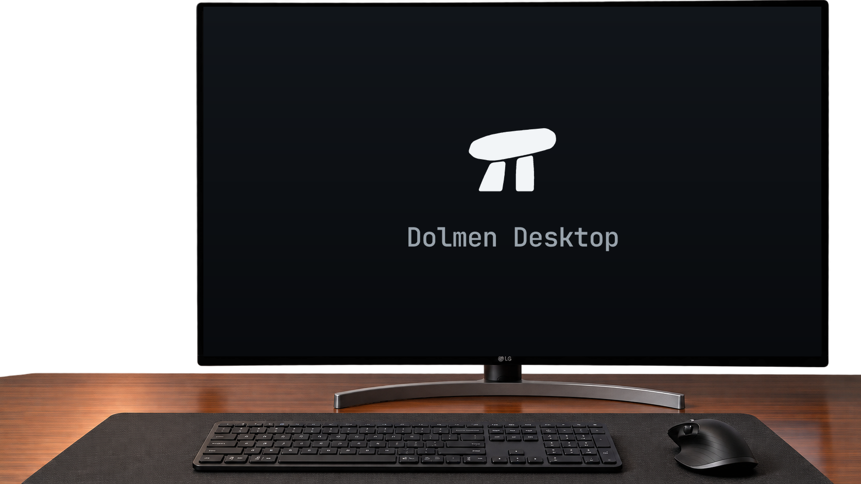 Dolmen Desktop dashboard displayed on a wide desktop monitor above a keyboard and desk